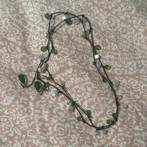 In2Design Green brown and Silver Beaded Necklace on waxed cotton brown cord